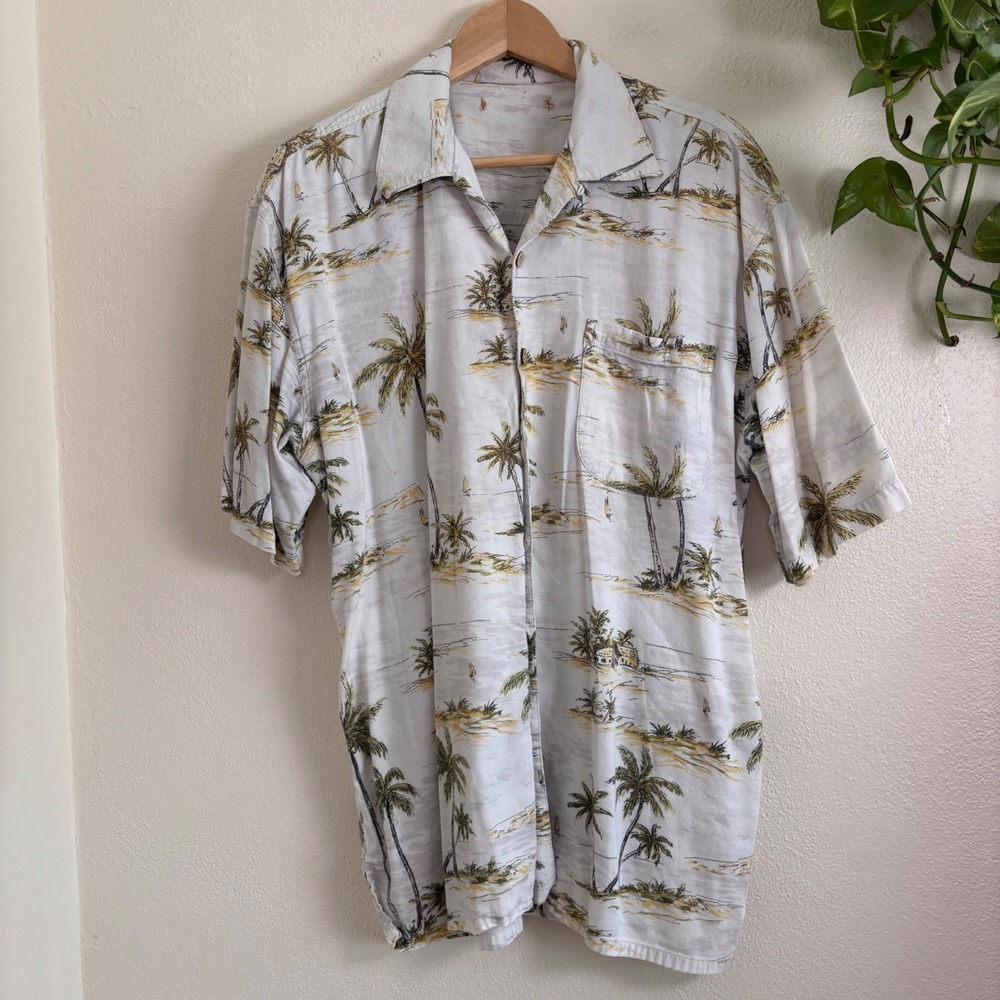Men's Hawaiian shirt palm trees mens L/XL tropical resort button down white